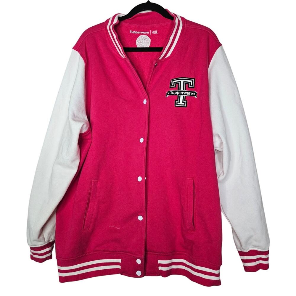 Tupperware 4XL Letterman Jacket Pink White Logo Y2K Kitsch Cotton Blend Patch